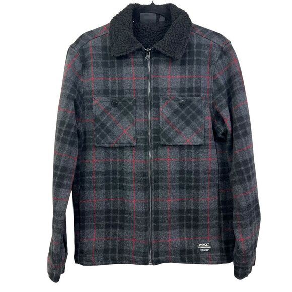 Wesc Womens Plaid Jacket Sherpa Collar Checkered Gray Red Zip Up Sz M - Picture 1 of 7
